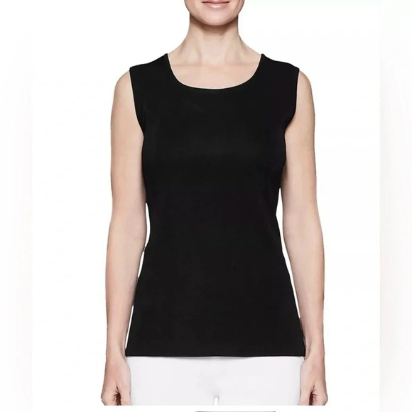 Exclusively Misook Black Acrylic Crew Neck Tank Top with Side Slits Size Small - Picture 2 of 15